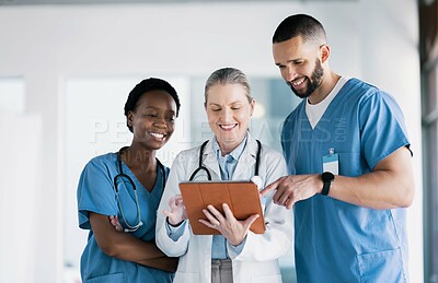 Buy stock photo Doctors, healthcare and teamwork on tablet for online results, mentor advice and research support in clinic. Medical nurse, students or people on digital tech, hospital software or team collaboration