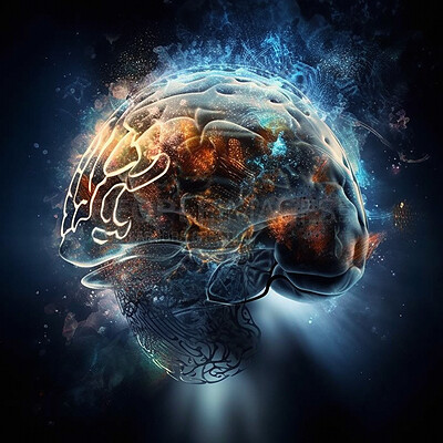 Buy stock photo Brain, information and network on dark background in technology abstract with light, glow and mind research. Neuro anatomy graphic, future science and ai generated thinking hologram with data circuit