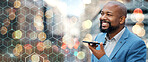 Businessman, smile and phone for communication on banner, overlay and bokeh for mockup in closeup. Mature, black person or entrepreneur with vision for technology, telecom or social media in city