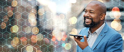 Buy stock photo Businessman, smile and phone for communication on banner, overlay and bokeh for mockup in closeup. Mature, black person or entrepreneur with vision for technology, telecom or social media in city