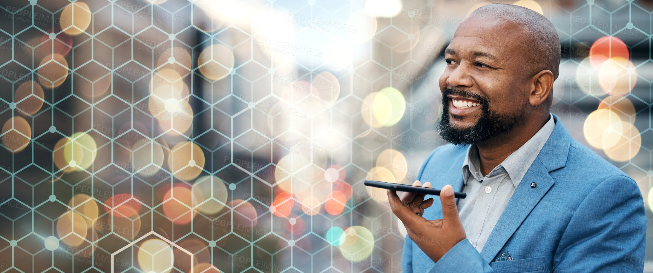 Buy stock photo Businessman, smile and phone for communication on banner, overlay and bokeh for mockup in closeup. Mature, black person or entrepreneur with vision for technology, telecom or social media in city