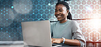 Grid overlay, business woman and computer in office for SEO work and digital planning. Working, African female professional and technology for website development job reading research information