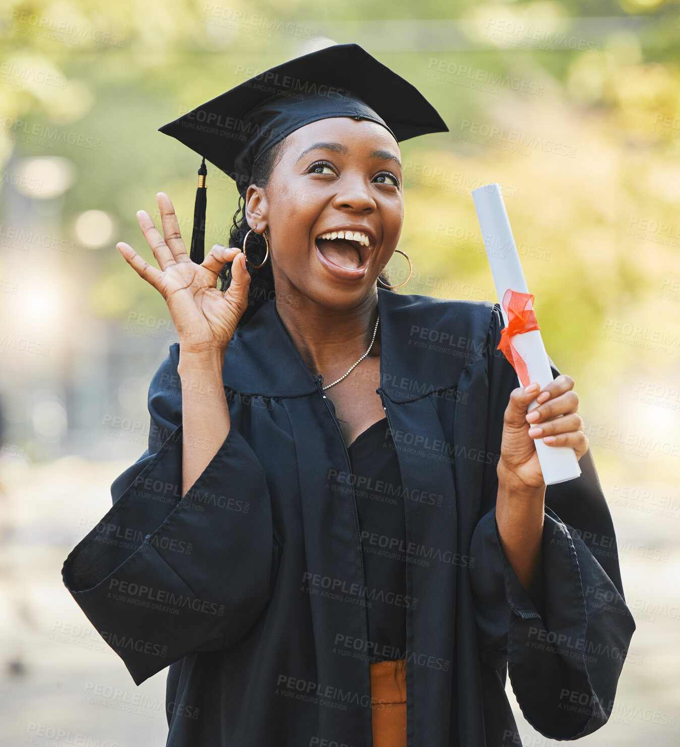 Buy stock photo Graduate scroll, happy black woman and okay sign for learning success, education development or school graduation. College diploma, emoji ok icon and university student smile for perfect achievement