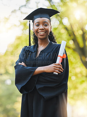 Buy stock photo Graduate, diploma and portrait of black woman outdoor with arms crossed to celebrate success, education and college scholarship. Happy student, university graduation or achievement of certified award