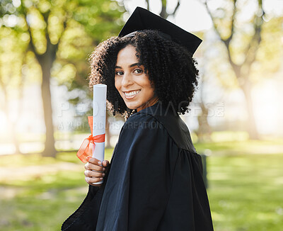 Buy stock photo Graduation, portrait of woman and smile with diploma to celebrate event, education and college scholarship outdoor. Happy university graduate with certificate, award and certified achievement in park