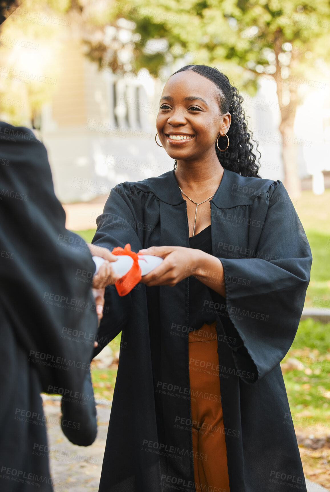 Buy stock photo Graduation diploma, ceremony and happy black woman with learning success, education development or graduate scroll. College certificate, academy award or African students achievement on school campus