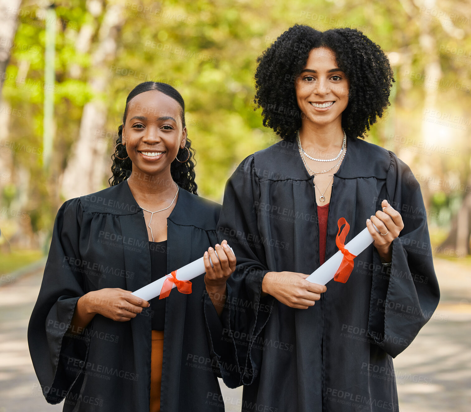 Buy stock photo Graduate scroll, portrait women and friends happy for learning success, education development or graduation. College certificate diploma, school study commitment and university students achievement