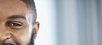 Half face, eye and a black man with mockup for business, digital marketing or work. Banner, happy and portrait of an African person with space for agency or corporate company information with a smile