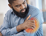 Black man, arm pain and remote work with injury, muscle problem and red inflammation at home. African male person,  freelancer shoulder and joint damage with heart attack warning and stress in house