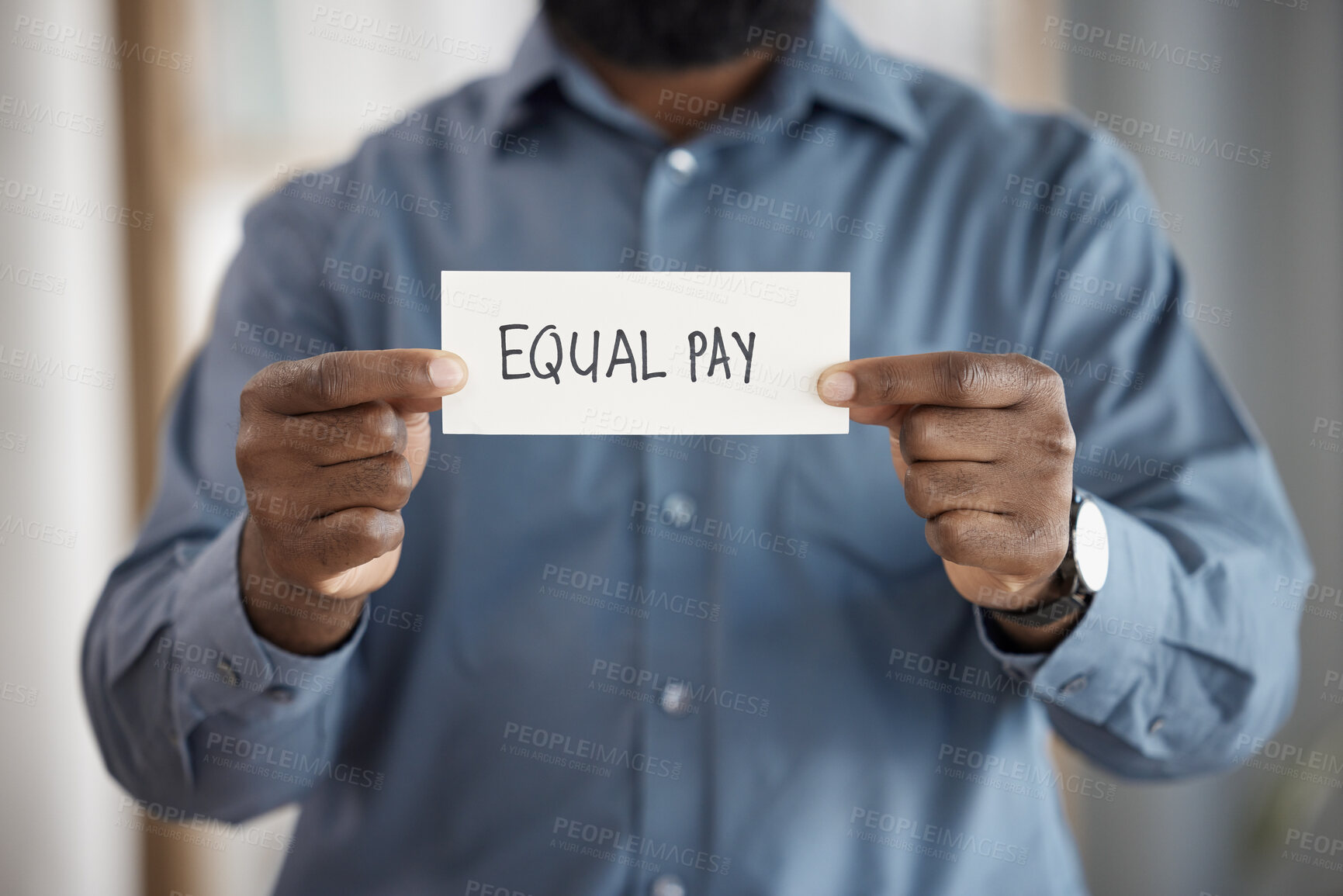 Buy stock photo Hands, paper sign and equal pay for person in office with opinion, vote and activism with promotion. Business, board or banner for gender equality, worker and human rights for salary in workplace
