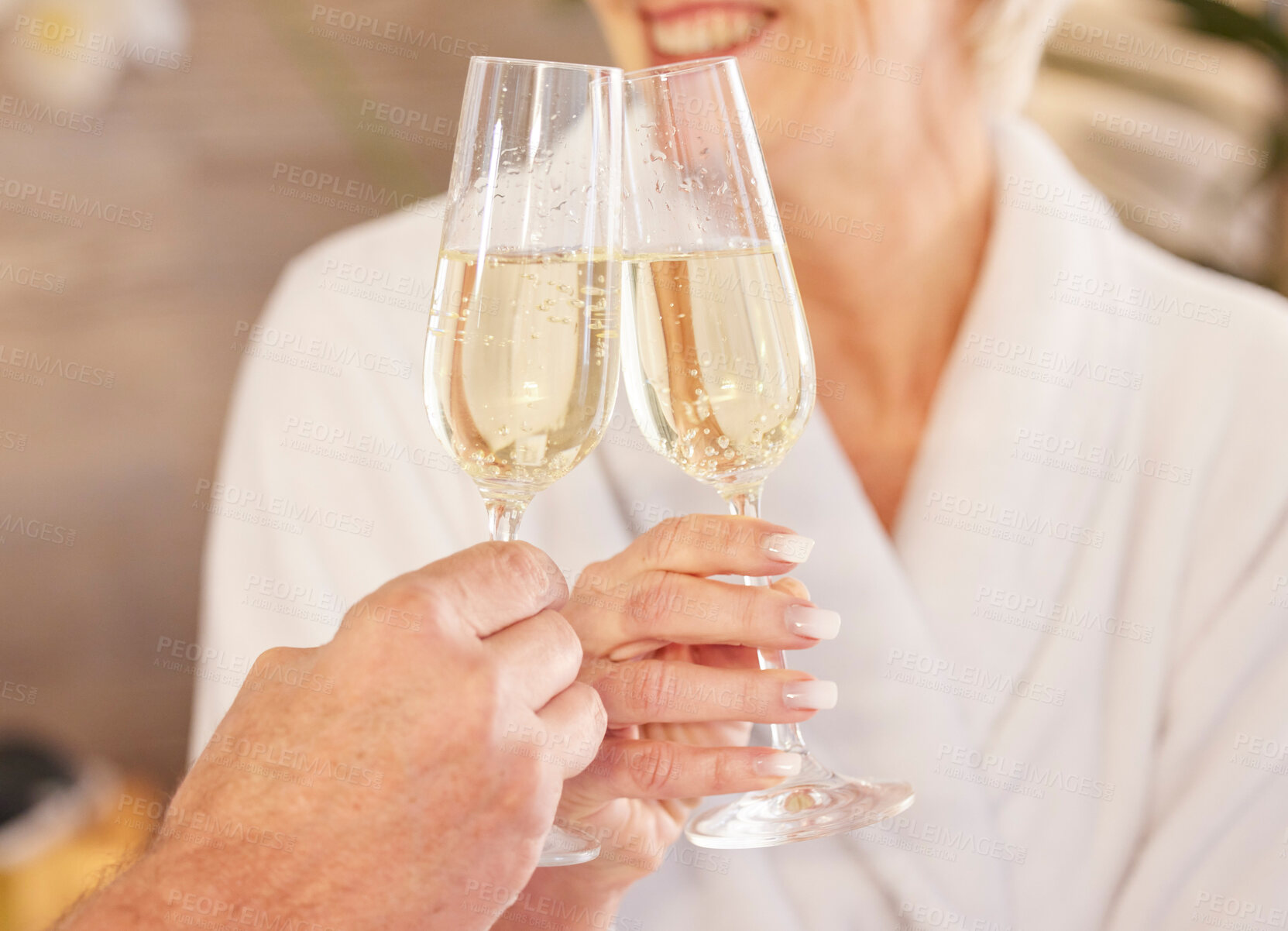 Buy stock photo Senior couple, smile and champagne in spa for relaxing, toast and celebrate for retirement and wellness. Elderly people, peaceful and zen in luxury hotel, hospitality and care by facial or massage 