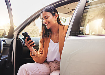 Buy stock photo Phone, car and business woman in city for morning commute, travel and journey to work. Professional, gps app and person in motor vehicle on smartphone for social media, website and communication