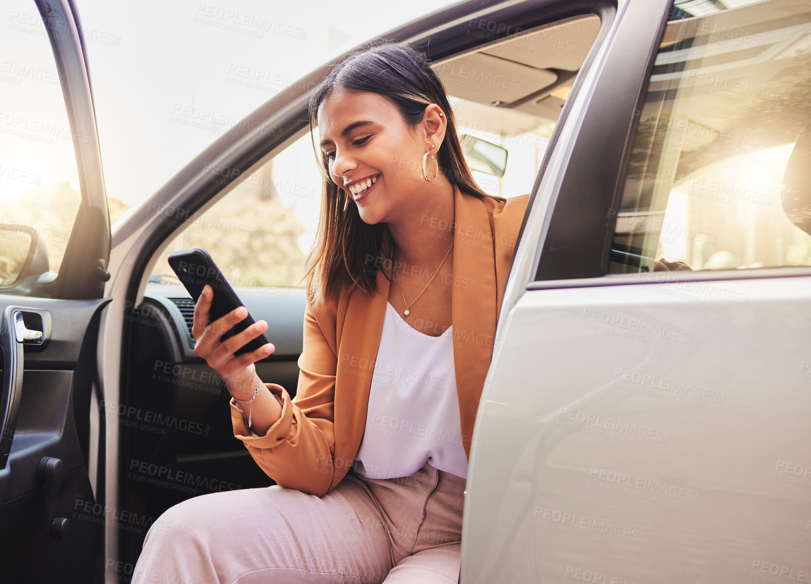 Buy stock photo Phone, car and business woman in city for morning commute, travel and journey to work. Professional, gps app and person in motor vehicle on smartphone for social media, website and communication