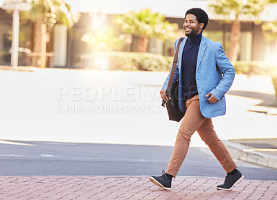 Buy stock photo Happy black man, city and walking to work for business travel, trip or opportunity on outdoor sidewalk. African businessman smile in happiness with bag for career, job or start day in an urban town