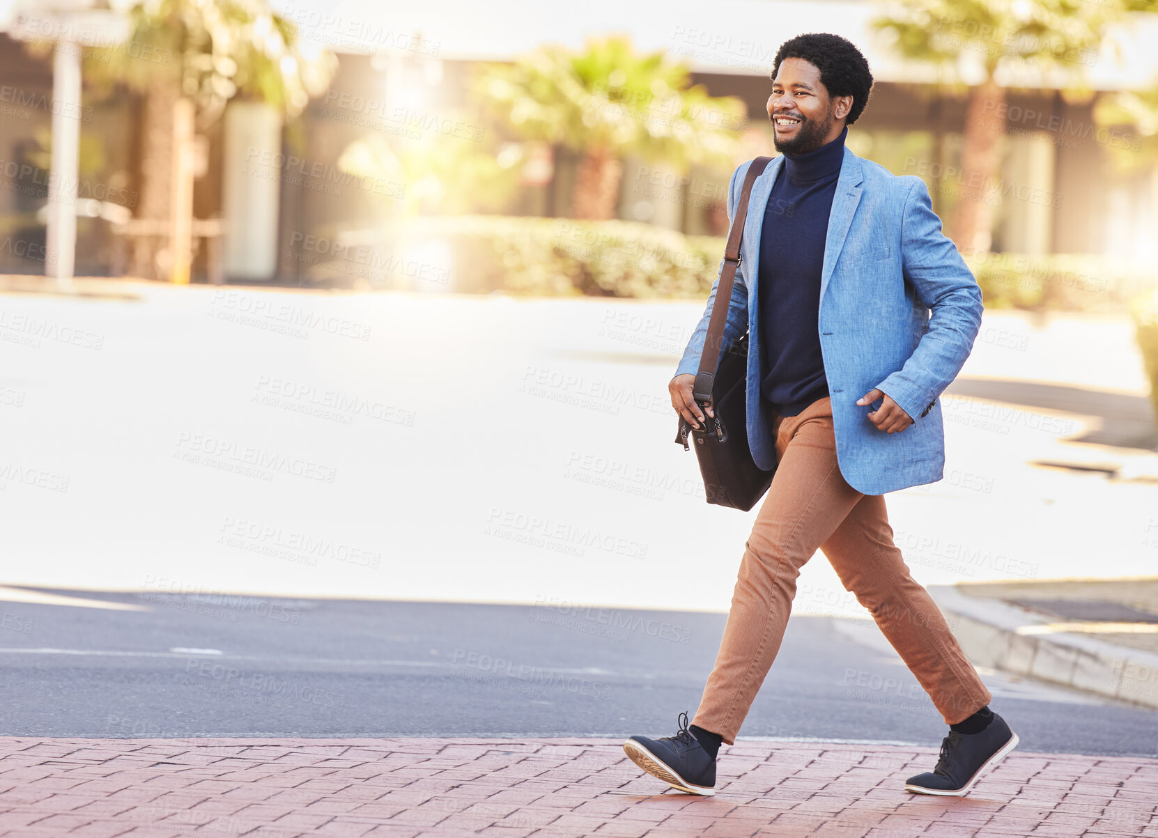 Buy stock photo Happy black man, city and walking to work for business travel, trip or opportunity on outdoor sidewalk. African businessman smile in happiness with bag for career, job or start day in an urban town