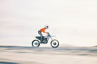 Buy stock photo Speed, desert and extreme sport with biker on motorcycle, precision and race in sun, adrenaline rush and workout.  Athlete, goals and target practice with fitness for competition or train in safety