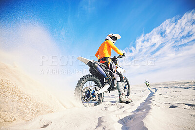 Buy stock photo Desert dust, motorbike and man race outdoor, adventure and travel for extreme sports challenge. Off road, sand and back of driver on motorcycle on dirt in nature for action, competition and freedom