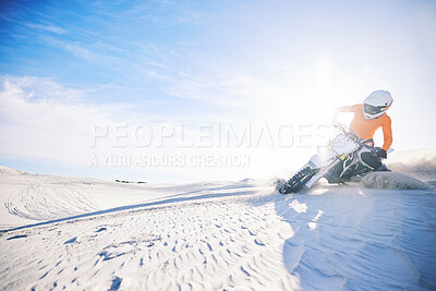 Buy stock photo Desert, motorcycle and sport stunt with rider in achievement, skill and training with targets  Biker, sunshine and challenge with fitness with adrenaline with speed in race, adventure and lens flare 