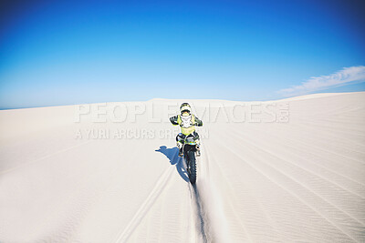Buy stock photo Desert, back and man on motorbike for sport, adventure and fast travel on mockup space outdoor. Off road, sand and driver riding motorcycle on dirt in nature for action, competition race or freedom
