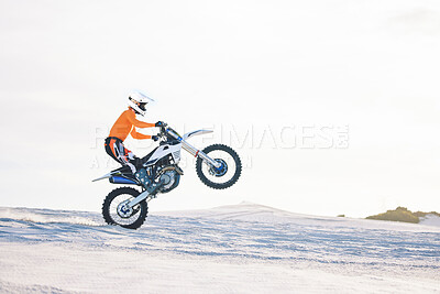 Buy stock photo Motorbike, person and sports with training, challenge and with safety, travelling and workout with fitness. Athlete, sand and biker with mockup, practice and cycling with exercise,  summer and energy