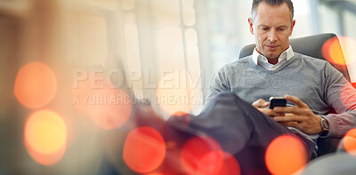 Buy stock photo Banner, business and man with a smartphone, typing and connection with a website information, internet and social media. Mature person, employee or consultant with a cellphone, digital app or contact