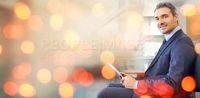 Buy stock photo Portrait, banner and man with a tablet, business and connection with research, project and search internet. Happy person, employee and consultant with technology, entrepreneur and website information