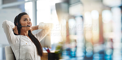 Buy stock photo Business, woman or stretching in call center for relax, creative idea or consulting with bokeh or smile. Professional, employee and customer support or service with ideas, inspiration or agent advice