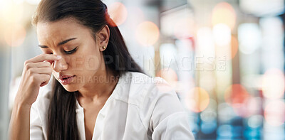 Buy stock photo Woman, anxiety and headache in office for work stress, worry and burnout for project management. Young professional worker, mexican and thinking of deadline, angry boss and review in bokeh close up