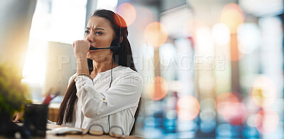 Buy stock photo Callcenter agent, woman with cough and sick, health fail and lungs with banner, bokeh with virus or bacteria. Respiratory, pneumonia or tuberculosis with customer service consultant and healthcare