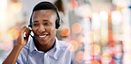 Call center, customer support and man in office with bokeh for crm telemarketing consultation. Mockup space, contact us and professional African male technical support agent with headset in workplace