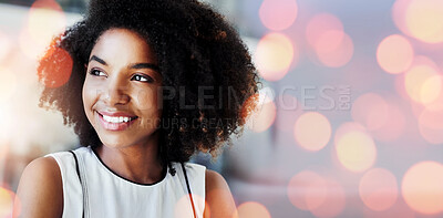 Buy stock photo Bokeh, thinking and woman with a smile, business and opportunity with planning, solution and problem solving. Person, happy worker and consultant with overlay, brainstorming and decision with choice