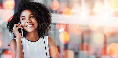Buy stock photo Phone call, smile and business woman by bokeh in office for discussion on b2b deal, agreement or merge. Technology, professional and African hr on mobile conversation with cellphone in workplace.