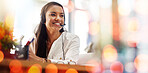 Happy woman, call center and customer service in telemarketing or support on bokeh background at office. Friendly female person, consultant or agent smile in online advice, help or virtual assistance