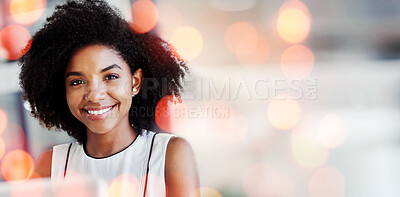 Buy stock photo Woman, happiness and success in office for business, excellence and work with career ambition. Black accountant, professional and about us on company website, positive mindset and bokeh in portrait