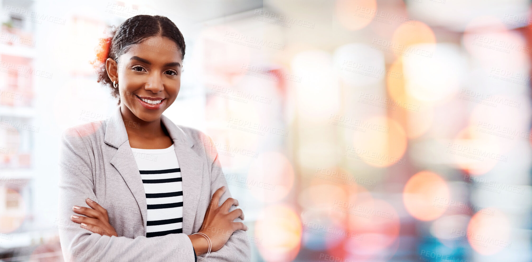 Buy stock photo Black woman, arms crossed and smile portrait with compliance consultant at work with mockup space. Confidence, female entrepreneur and professional from New York happy from startup with office bokeh