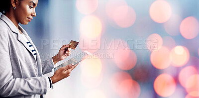 Buy stock photo Business woman, tablet and credit card for payment, online banking or ecommerce on bokeh background. Female person or employee with debit, technology and bank app for transaction, purchase or buying