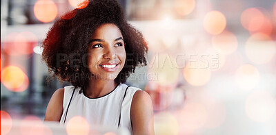 Buy stock photo Banner, thinking and woman with smile, employee or opportunity with decision, solution or problem solving. Person, worker or consultant with overlay, brainstorming or productivity with choice or idea