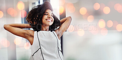 Buy stock photo Business, woman and stretching in office for relax, creative idea and mindset with bokeh or smile. Professional, employee or thinking of work ideas, inspiration and planning with insight or happiness