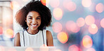 Bokeh, mockup and portrait of woman in office with smile, confidence and administration at startup business. Face, pride and businesswoman at desk with recruitment at digital agency, space and lights
