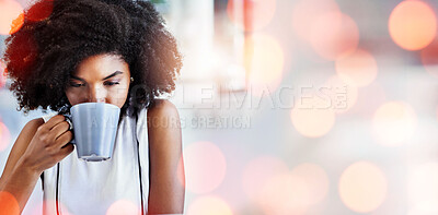 Buy stock photo Business, thinking and black woman with coffee, relax and banner with a career, lunch break and espresso. African person, entrepreneur and employee with tea, cappucino and calm with ideas and overlay