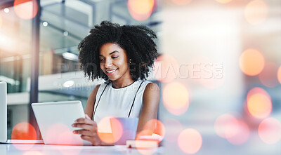Buy stock photo Business woman, tablet and office planning, online marketing and research or website management. Professional african worker with social media report or digital technology and bokeh overlay or space