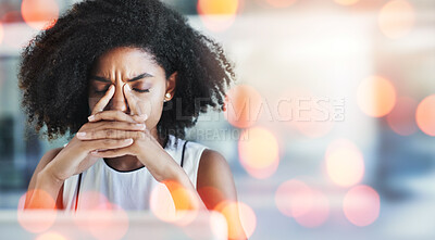 Buy stock photo Woman, depression and headache in office for project failure, worry and stress at work with burnout. Young professional worker, accountant and thinking on deadline, audit review and bokeh close up