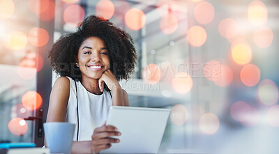 Buy stock photo Portrait, bokeh and woman with a tablet, business and connection with research, data analytics and search internet. Happy person, employee or consultant with technology, worker or website information