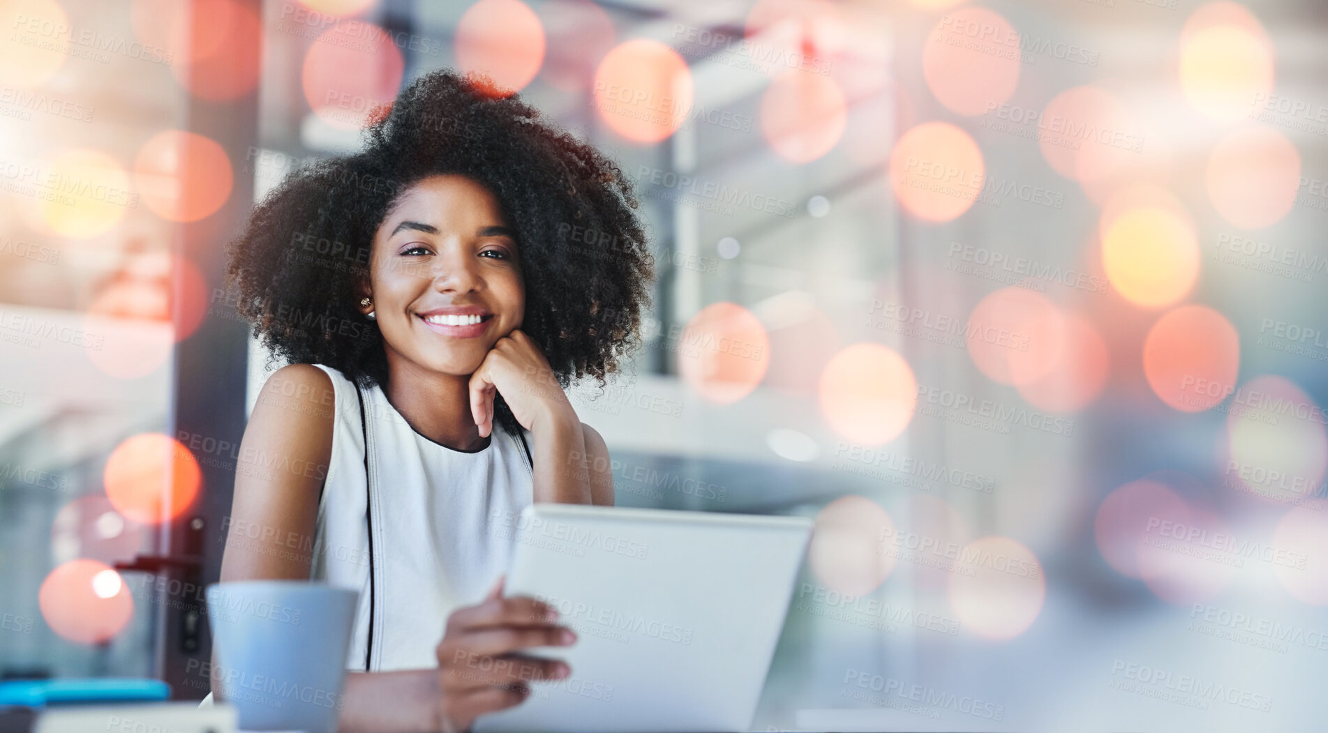 Buy stock photo Portrait, bokeh and woman with a tablet, business and connection with research, data analytics and search internet. Happy person, employee or consultant with technology, worker or website information