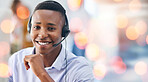Telemarketing, customer support and man in office with bokeh for crm call center consultation. Mockup space, contact us and professional African male technical support agent with headset in workplace