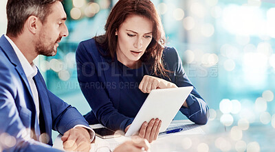 Buy stock photo Brainstorming, business people and manager with employee, tablet and connection with investment, internet and planning. Staff, man or woman with technology, trading or stock market with online budget
