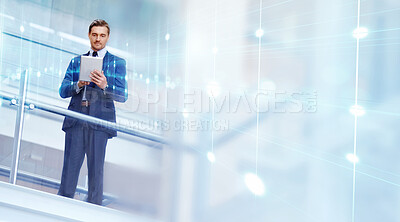 Buy stock photo Business, man and banner with tablet, typing and connection with internet, website information or planning. Person, employee or consultant with technology, hologram or email notification with network