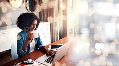 Buy stock photo Laptop, coffee shop and a freelance black woman on double exposure for remote work as a journalist. Creative, design and space with a young editor entrepreneur typing an article in an internet cafe