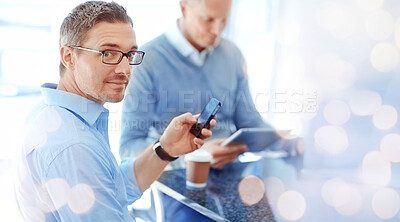 Buy stock photo Business people, team and phone for communication on bokeh, overlay and mock up in office. Portrait, man or leader with technology for schedule, meeting or management of tasks at work with internet