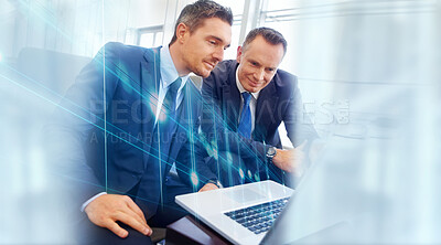 Buy stock photo Overlay, business people and manager with employee, laptop and accountant with financial planning, internet or hologram. Staff, investor or men with trading, pc or stock market with feedback or email